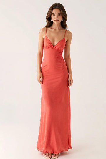 Orange Spaghetti Straps Sheath Evening Dress